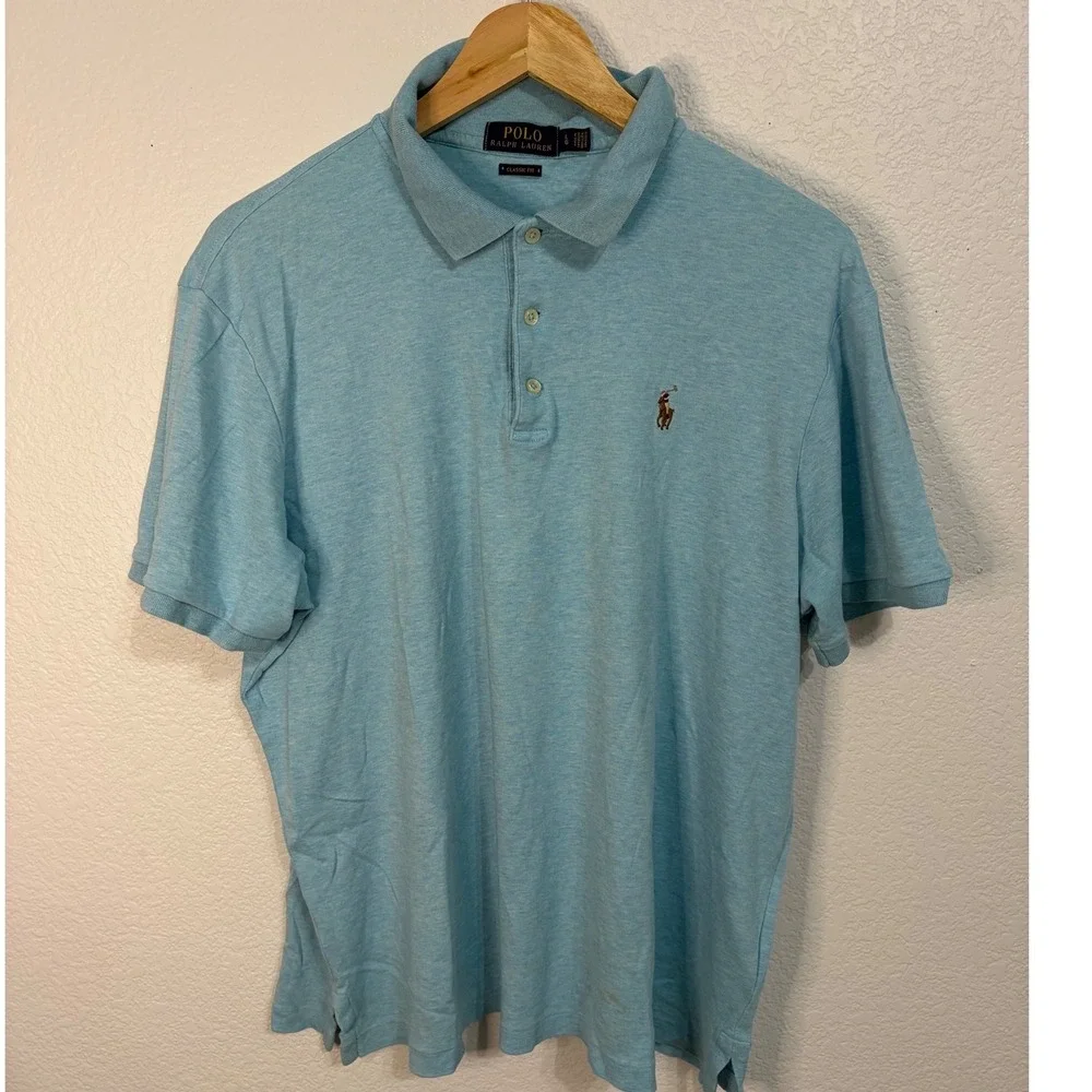 Polo Ralph Lauren Mens Large Blue Heather Classic Fit Short Sleeve Polo Shirt - Picture 4 of 5